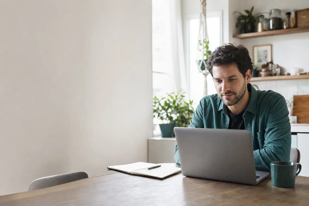 Homme concentré travaillant sur un ordinateur portable à une table de cuisine ensoleillée.