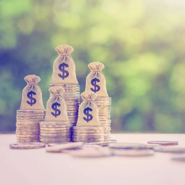 Sacs d'argent et pièces sur une table, avec un arrière-plan flou, symbolisant le prêt privé au Québec.